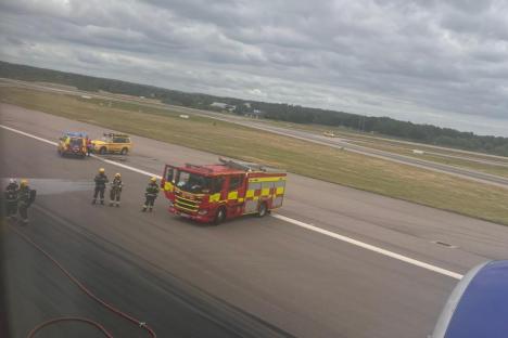 Fire trucks and emergency personnel on an airport runway.