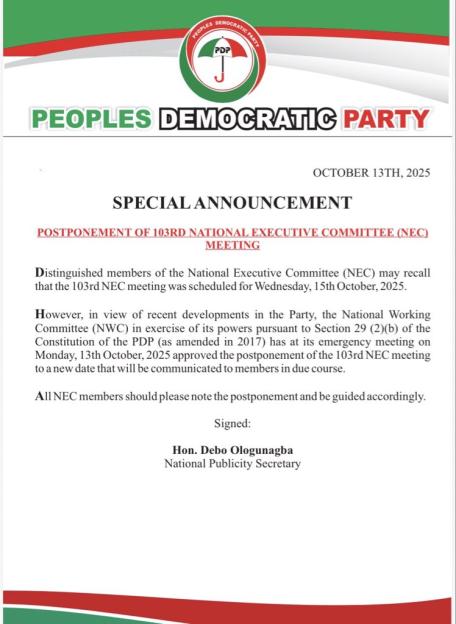 PDP Delays NEC Meeting as Defections Shake Party Dynamics