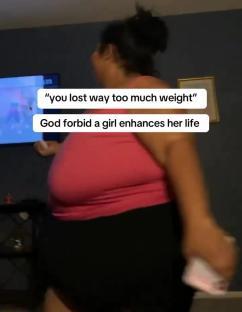 Woman in pink top and black shorts, text overlay reads,