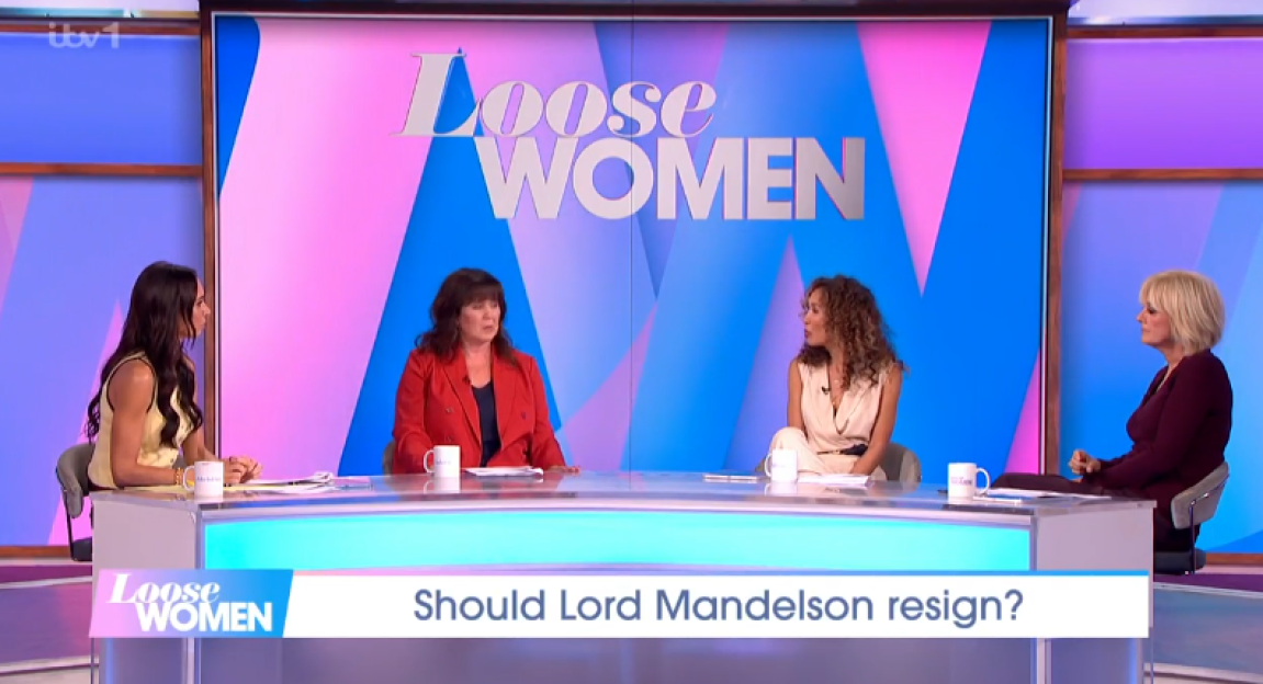 Screenshot of Loose Women panel discussing if Lord Mandelson should resign.