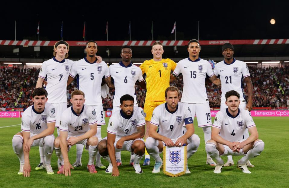 BELGRADE, SERBIA - SEPTEMBER 09: The players of England pose for a team photo prior to the FIFA World Cup 2026 qualifier match between Serbia and England at Rajko Mitic Stadium on September 09, 2025 in Belgrade, Serbia. (Photo by Srdjan Stevanovic - UEFA/UEFA via Getty Images)