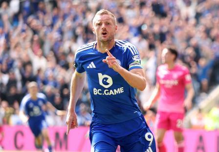 Jamie Vardy of Leicester City celebrating a goal.