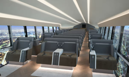 Illustration of an aircraft cabin with rows of seats and large windows showing a city at night.
