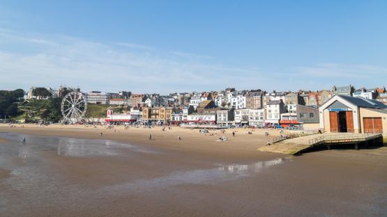South Bay of Scarborough pictured at low tide during September 2020 in North East England.