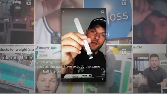 Collage of screenshots showing a man holding a weight-loss injection pen and other related images.