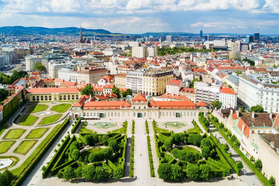 Aerial view of Belvedere Palace in Vienna, Austria.