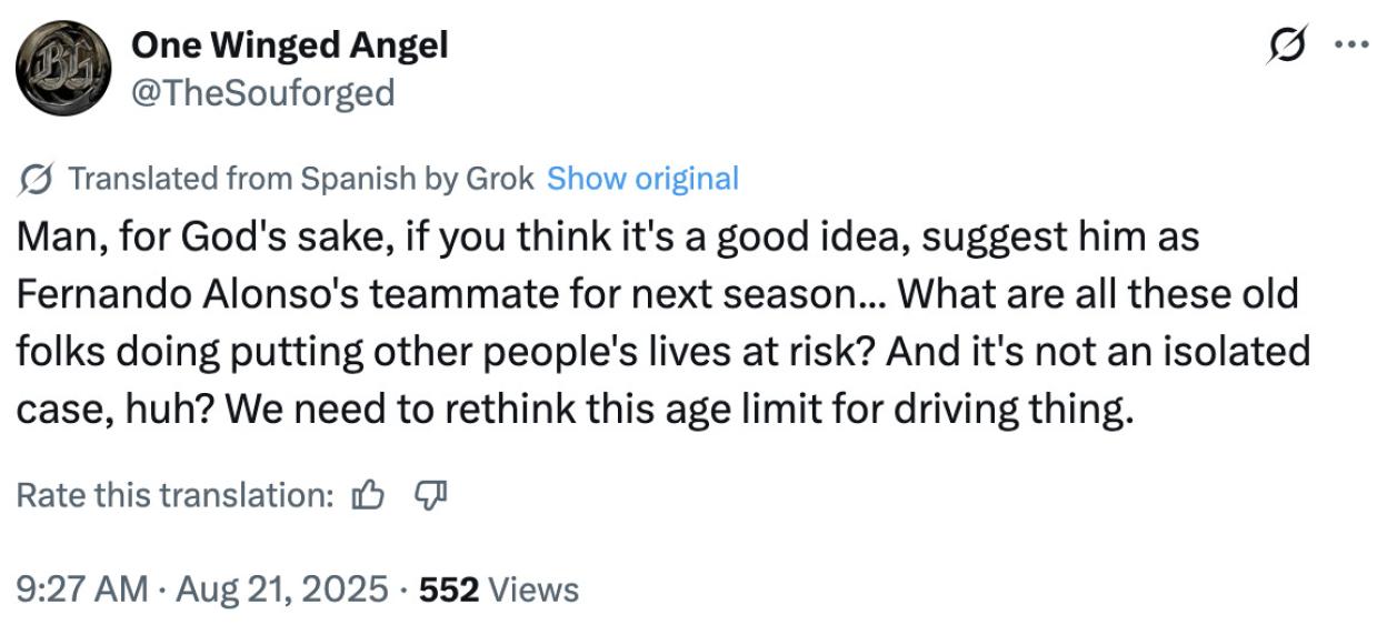 Screenshot of a tweet questioning elderly drivers' fitness to drive, following a news story about an 81-year-old man driving the wrong way on four motorways.