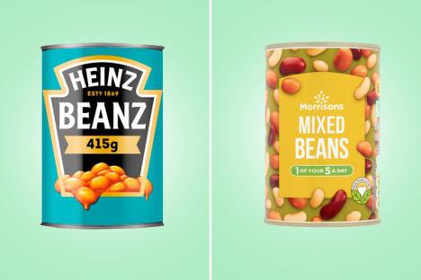 Comparison of Heinz Beanz and Morrison's Mixed Beans cans.