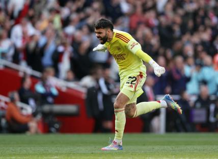 Arsenal's David Raya celebrates a goal.