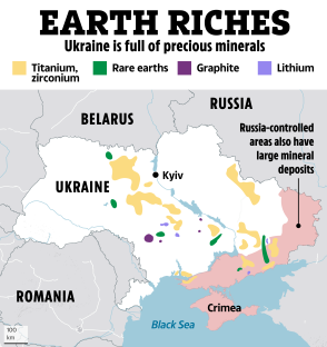 Illustration of Ukraine's mineral deposits, showing locations of titanium, zirconium, rare earths, graphite, and lithium.