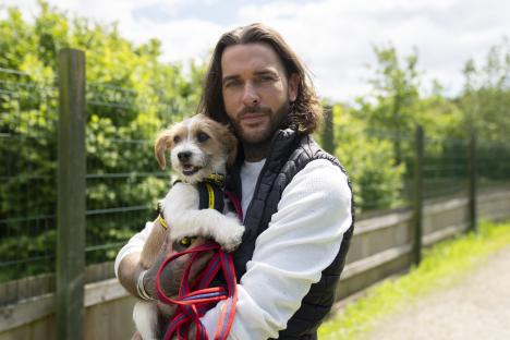 Pete Wicks holding a small dog at a dog rehoming center.