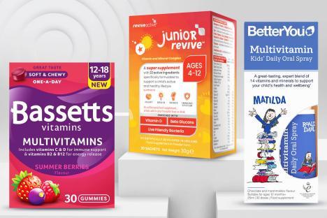 Collage of three children's vitamin products.