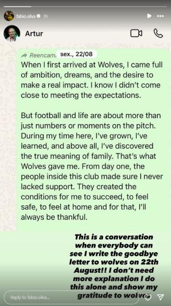 Screenshot of Artur's farewell message to Wolves football club.