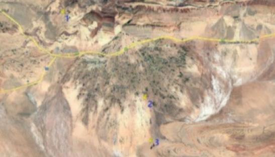 Aerial view of desert landscape with numbered locations.