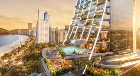 Illustration of the Sienna Tower, a 500-meter-tall residential building named after Ayrton Senna, overlooking a beach.