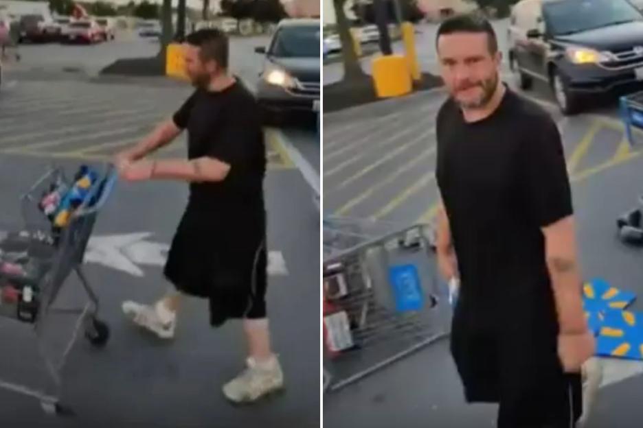 Moment hero vigilante rams shoplifter’s shopping cart in Walmart car park in front of stunned onlookers