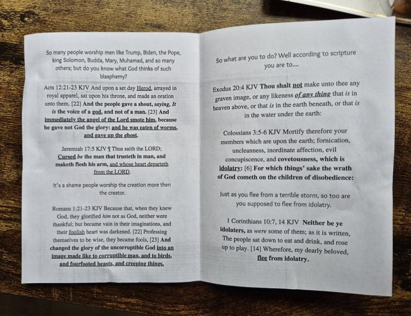 The pamphlet contained various quotes from the Bible