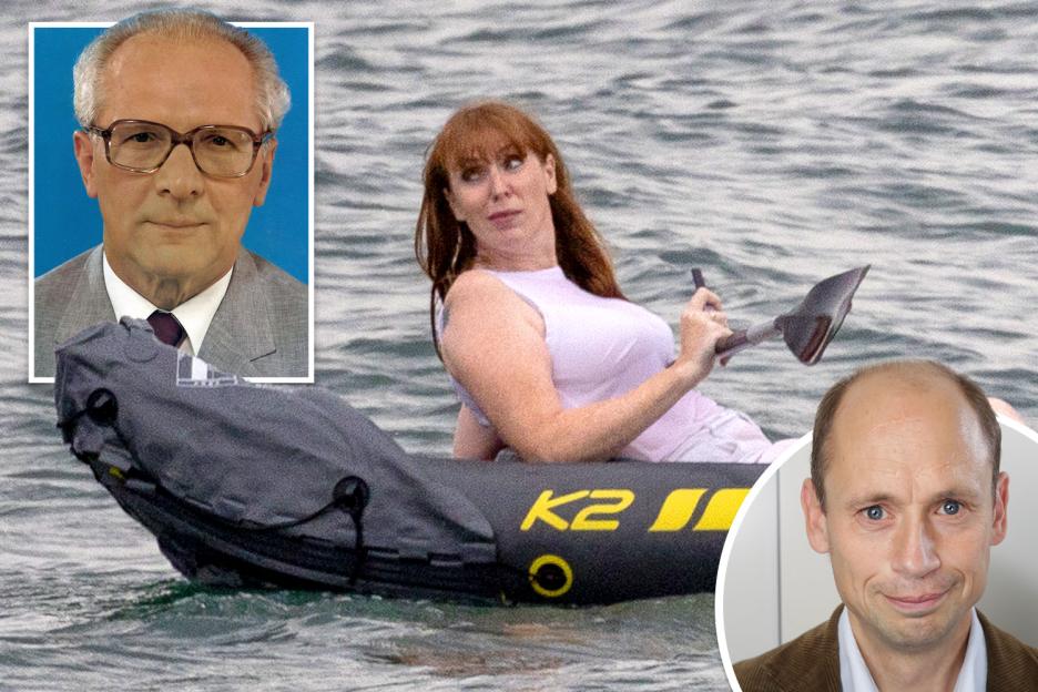 Collage of a woman in an inflatable boat, and photos of two men.