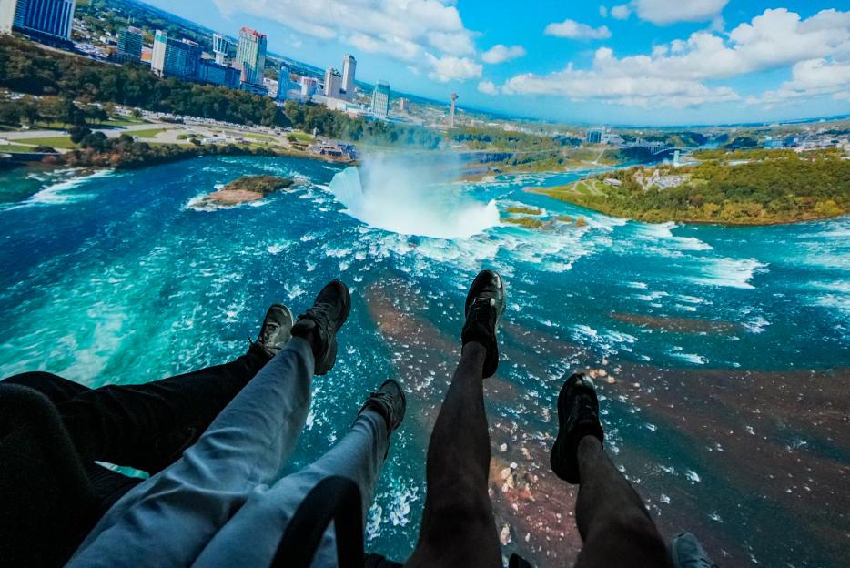 Aerial view of Niagara Falls from a flight simulator.