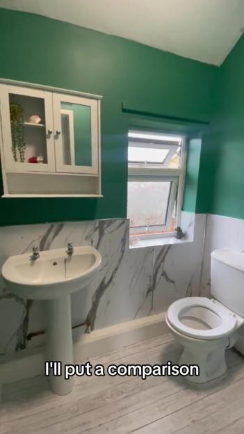 Redecorated bathroom with green walls, marble-look paneling, and wood-look flooring.