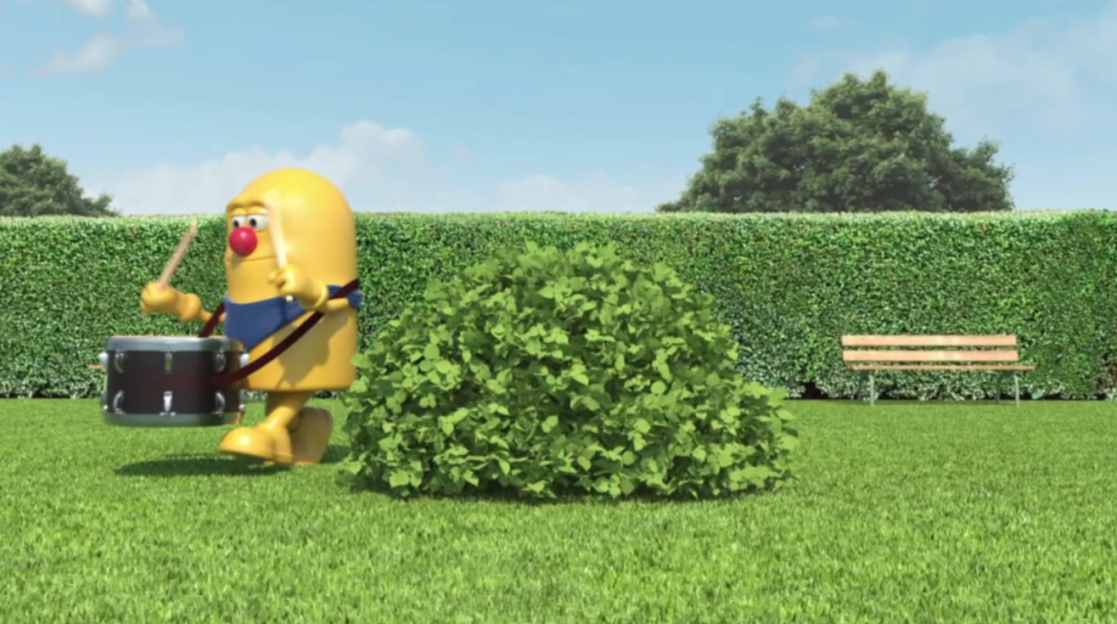 Illustration of a yellow character playing a drum in a park.