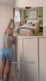 Woman measuring wall for bedroom makeover; inset shows pale pink gingham bedding in sage green room.