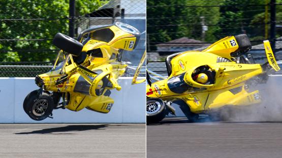 Indy500 car totally destroyed as driver Scott McLaughlin goes flying through air after horror practice crash