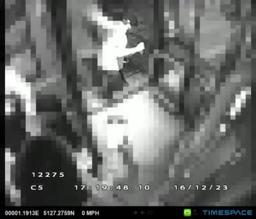Low-resolution security camera footage of a person appearing to punch another person.