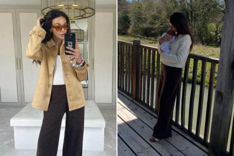 An image collage containing 2 images, Image 1 shows Woman taking a selfie in a tan jacket and brown pants, Image 2 shows Woman holding baby on a deck overlooking a waterway