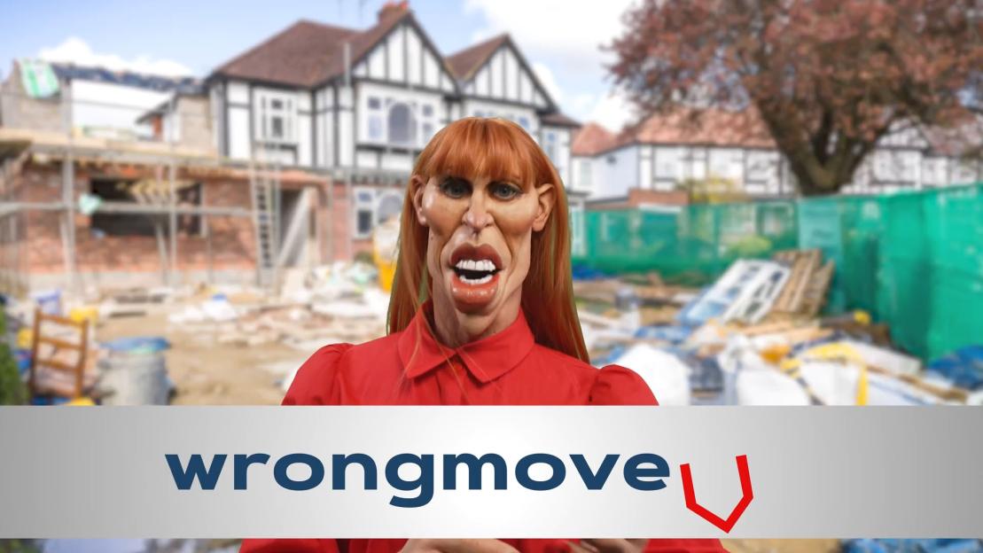 Illustration of a puppet version of Angela Rayner from "Spitting Image" in front of a construction site for a commercial for "Wrong Move."