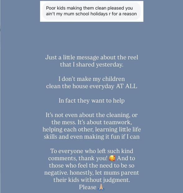 Screenshot of Instagram post explaining why children help with cleaning.