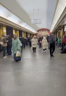 Hundreds of people in a Kyiv subway station during an air raid.