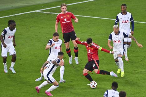 Bruno Fernandes of Manchester United attempting to score during a soccer match.