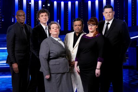 The Chase's six Chasers: Shaun Wallace, Darragh Ennis, Anne Hegerty, Paul Sinha, Jenny Ryan, and Mark Labbett.