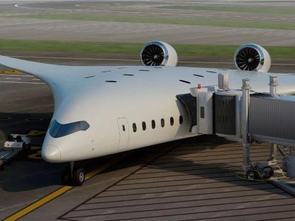 Illustration of a futuristic airplane at a gate.