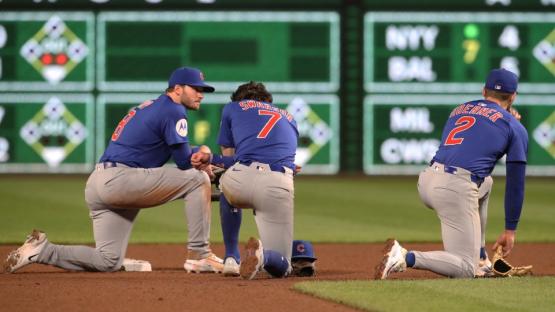 Injured baseball fan being attended to on the field.