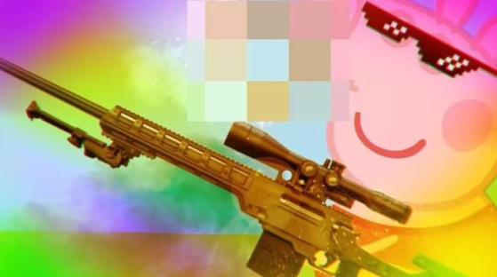 Illustration of a sniper rifle and Peppa Pig wearing sunglasses.