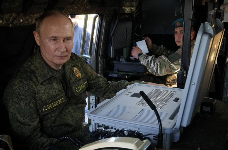 Russian President Vladimir Putin inspecting military equipment at the Zapad-2025 exercises.