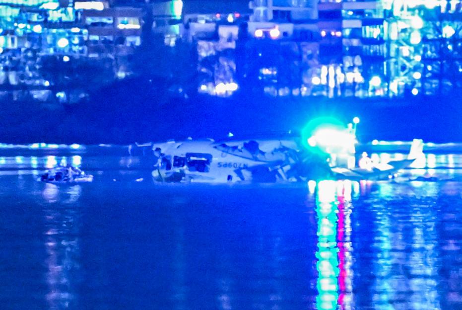 An American Airlines plane in the Potomac River after colliding with a military helicopter.