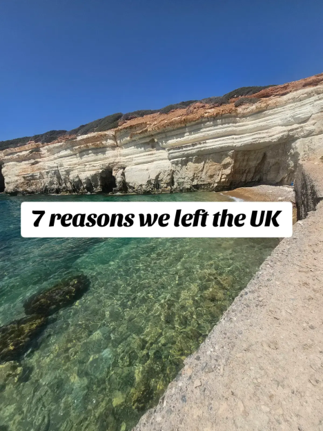 Photo of a rocky cove with clear water, overlaid with text: "7 reasons we left the UK".