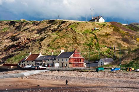 Evening sunlight on the cliffs and beach at Saltburn-by-the-Sea, UK.
