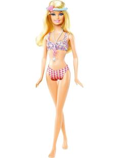 Barbie doll in a pink and yellow bikini.