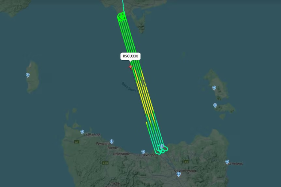 Map showing search area for missing aircraft in Bass Strait.