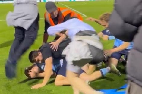 Screenshot of a pile-up of people on a soccer field.