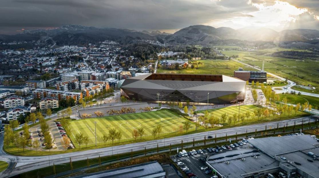 Aerial illustration of a new stadium with surrounding landscape.