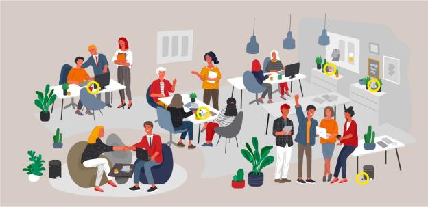 Illustration of a busy office with many people collaborating.