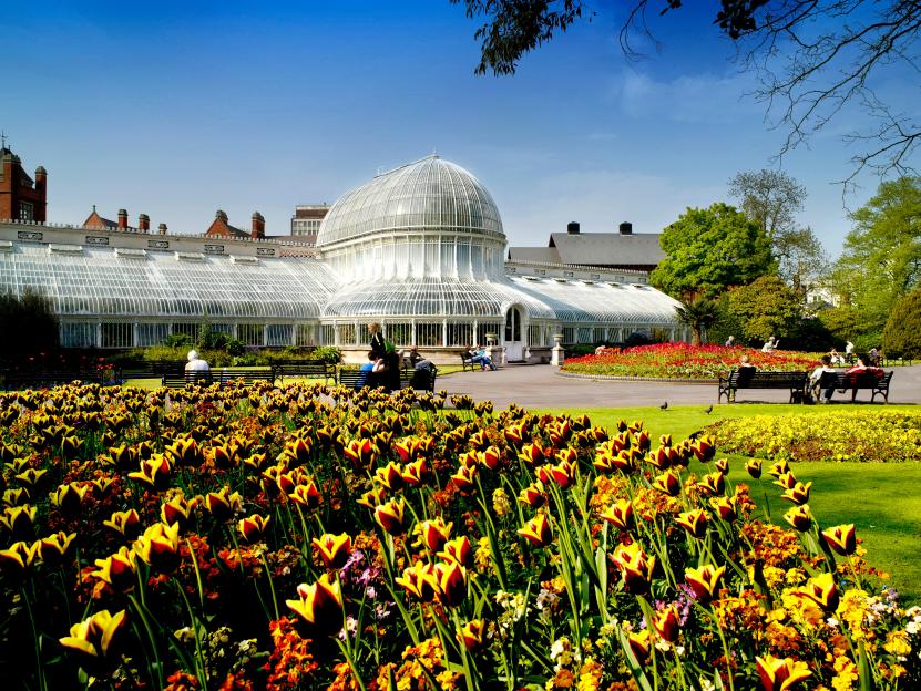 Botanic gardens greenhouse and spring tulips.