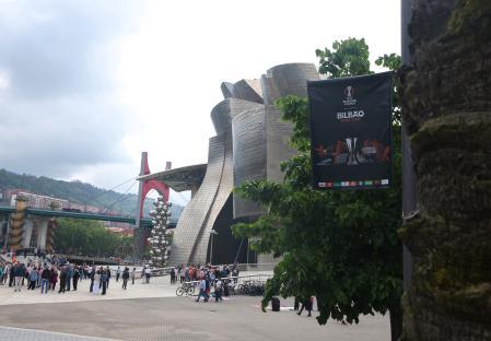 UEFA Europa League Final 2025 signage near the Guggenheim Museum in Bilbao, Spain.
