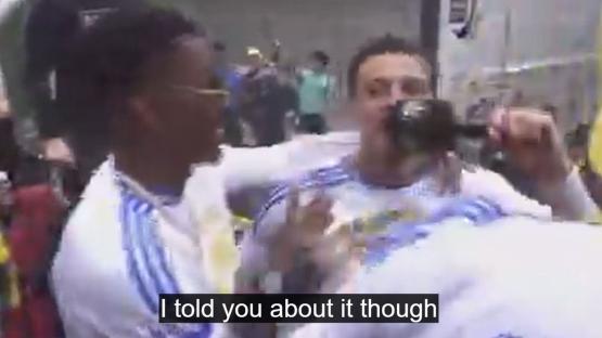 Ethan Ampadu appears to leak Junior Firpo’s next club in front of 150,000 Leeds fans during wild bus parade