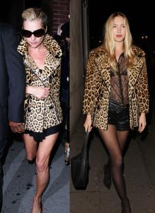 Kate Moss and another model wearing leopard print jackets.
